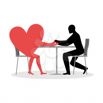 Lover in cafe. Man and heart sits at table. Love in restaurant. Lovers in  dining room. Romantic date in public place. Illustration for Valentines Day
