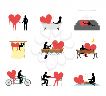 Lovers set of silhouettes. Man and heart in movie theater. Lovers in bath. Romantic rendezvous boating. Joint walk. Cycling tandem. Love in cafe
