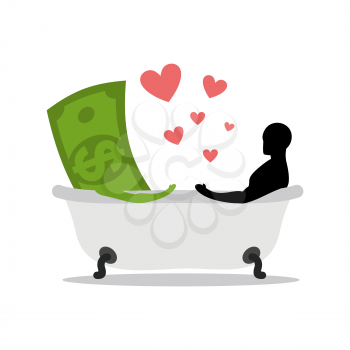 love of money. Dollar and man in bath. Man and cash washing in bath. Joint bathing. Passion feelings among lovers. Romantic illustration washed with currency
