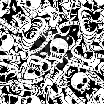 Bones seamless pattern. Skeleton background. Skull ornament. Anatomy texture. Hell pattern. Skull and spine. jaw and pelvis. Halloween template. Religion design
