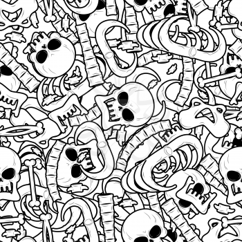 Anatomy texture. Skeleton background. Skull ornament. Bones seamless pattern. Hell pattern. Skull and spine. jaw and pelvis. Halloween template. Religion design
