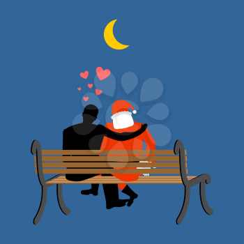Christmas Lover. Santa Claus and man looking at moon. Date night. Man and Santa sitting on bench. Month in night dark sky. Romantic New Year illustration
