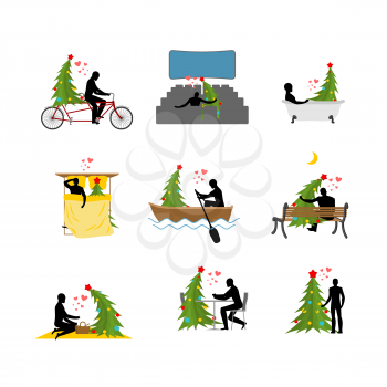Love for Christmas tree collection. Lover Christmas set. Man and Santa in cinema. Lovers in bath. Romantic date. Boating. Joint walk. Cycling tandem. Breakfast in  cafe. Picnic in  park
