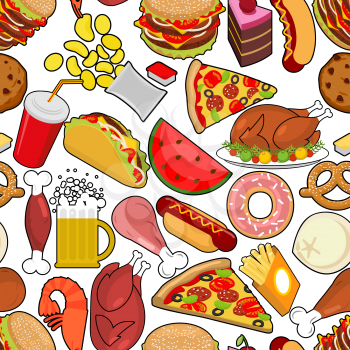 Food seamless pattern. Feed ornament. meat background. Pizza and taco. French fries and hamburger. Hotdog and cookies. Baked turkey and watermelon. Pork and cake. Donuts and dumplings
