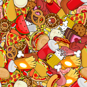 Fast Food seamless pattern. Feed ornament. meat background. Pizza and taco. French fries and hamburger. Hotdog and cookies. Baked turkey and watermelon. Pork and cake. Donuts and dumplings
