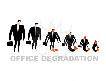 Office degradation. Manager turns into office plankton. Man transforms into shrimp. Marine crustaceans in dark suit. Business illustration