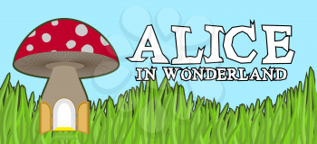 Alice in Wonderland lettering on green grass and mushroom. Mad font
