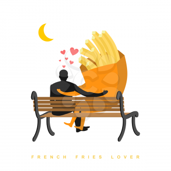 Lover french fries. Fastfood and people are looking at moon. Date night. Man and a meal sitting on bench. Month in night dark sky. Romantic illustration meal