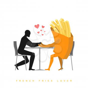Lover french fries in cafe. Man and fast food sitting at table. food in restaurant. Romantic date in public place. Romantic illustration meat