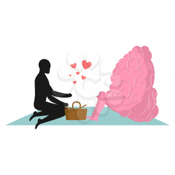 Brain at picnic. date in Park. Mind and eople. Rural jaunt lovers. Meal in nature. Plaid and basket for food on  lawn. Man and central organ of nervous system. Romantic illustration
