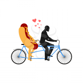 Hot dog on bicycle. Lovers of cycling. Man rolls fast food on tandem. Joint walk with a meal. Romantic rendezvous street and sausage. Romantic illustration undershot
