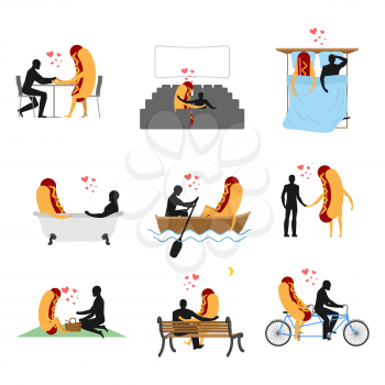 Love for hot dog set. Man and fast food in cinema. Lovers in bath. Romantic date with food. Boating feed. Joint walk. Cycling tandem. Breakfast in cafe. Picnic in park
