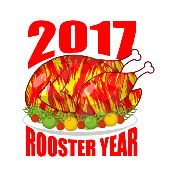 Fire Rooster year 2017. Fried cock symbol of new year. Roasted chicken isolated. grilled holiday turkey