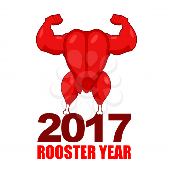 Red rooster strong. Red cock Symbol of new year. Powerful baked turkey with big biceps. Game bodybuilder. Fitness food for holiday. Sports fried chicken
