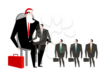 Boss Santa Claus False beard and red cap. Businessman in festive mask. Man in business suit with suitcase. Christmas in office. corporate New Year at work

