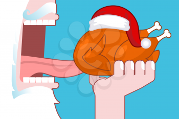Santa eating Christmas turkey. Open mouth and teeth. Long tongue. Food for holiday. fowl Santas red hat
