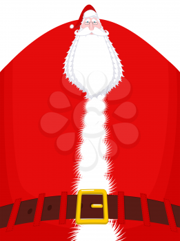 Santa Claus high and belt. Huge Christmas grandfather. Enormous Santa with beard in red suit. Illustration for new year
