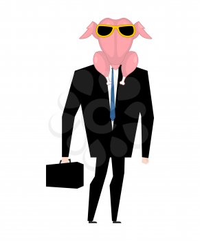 Businessman in raw turkey mask. Raw chicken with glasses manager with suitcase
