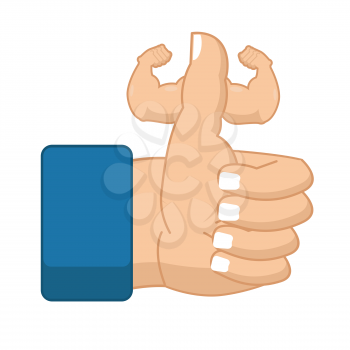 Like Fitness. Strong Thumbs up with big muscles. Powerful hand. Symbol all right. Success gesture  