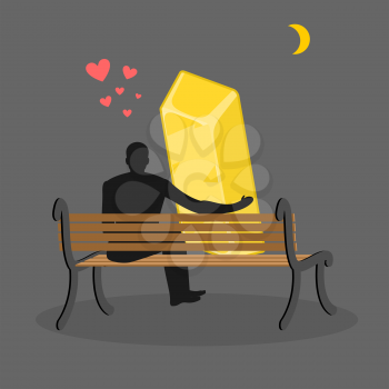 Lover gold. Golden bullion and people are looking at moon. Date night. Man and wealth of sitting on bench. Month in night dark sky. Romantic illustration
