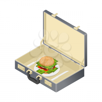 Business lunch case with hamburger and money. Suitcase with financial fast food
