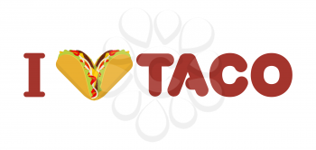 I love taco. Heart symbol of Mexican food. Tortilla chips and onion. Tomato and fresh meat. Logo for fastfood lovers