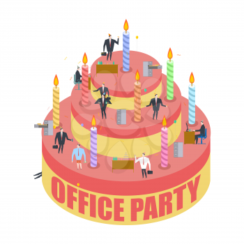 Office party. Cake and managers. Holiday at work. Businessman on feast. Celebration cap and Party horn. air balloon and bottle of alcohol. Manager drunk. Birthday at job