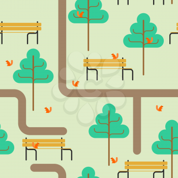 Park map pattern. Path and tree ornament. Bench and squirrel. Square landscape background. kids fabric texture