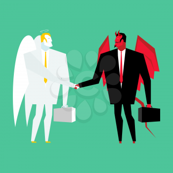 Devil and angel business deal. Satan and God handshake. Archangel and demon businessman