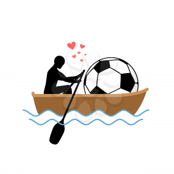 Lover Soccer. Guy and football ball ride in boat. Lovers of sailing. Romantic date. Love sport play game 