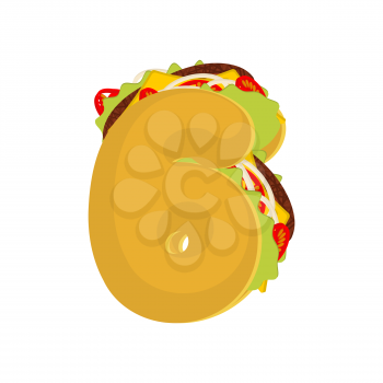 Number 6 tacos. Mexican fast food font six. Taco alphabet symbol. Mexico meal ABC