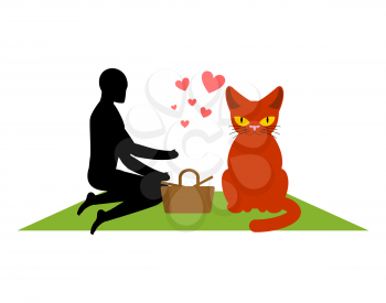 Cat lover on picnic. my kitty. blanket and basket for food on lawn. Romantic date in Park