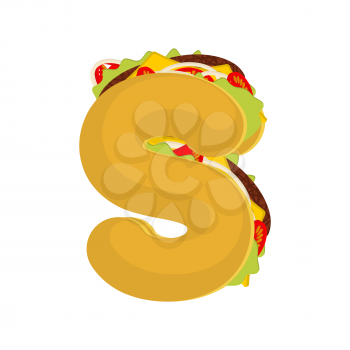 Letter S tacos. Mexican fast food font. Taco alphabet symbol. Mexico meal ABC
