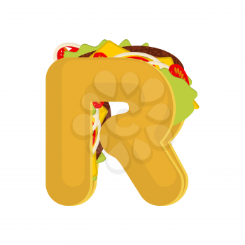 Letter R tacos. Mexican fast food font. Taco alphabet symbol. Mexico meal ABC