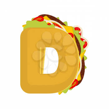 Letter D tacos. Mexican fast food font. Taco alphabet symbol. Mexico meal ABC
