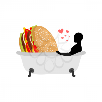 lover fast food. Man and hamburger in bath. Guy and Burger. Joint bathing. Passion feelings among lovers. Romantic date fastfood. Glutton Lifestyle