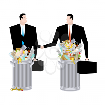 Businessman handshake  in Trash can. Business deal of garbage. Tie and case. rubbish Manager