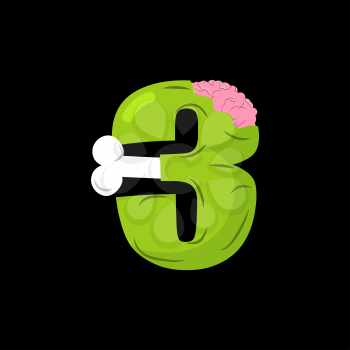 Number 3 zombie. Monster Font three. bones and brains alphabet sign. Green ABC symbol