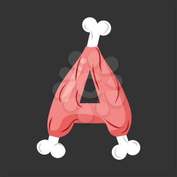 Letter A meat font. Pork and bone alphabet sign. Ham lettering. Beef ABC symbol
