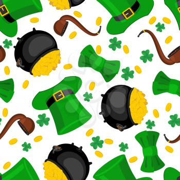 St. Patrick's Day seamless pattern. Leprechaun hat and gold. bow tie and shamrock. Golden coin and pipes. National background Holiday in Ireland. Traditional Irish Festival
