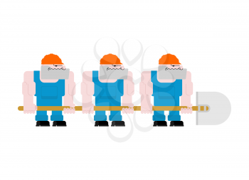 Worker with shovel. Worker in helmet and blue overall. Three workers holding big shovel
