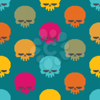 Skull pixel art seamless pattern. head of skeleton pixelated background. Retro 8 bit texture
