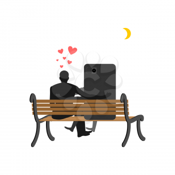 Lover of gadgets. Man and smartphone Sitting on bench. Always together device. I love my phone.
