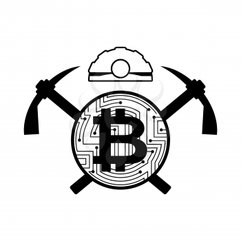 Mining bitcoin logo. Meiner emblem. Helmet and pickaxe and coin are crypto currency. Vector illustration
