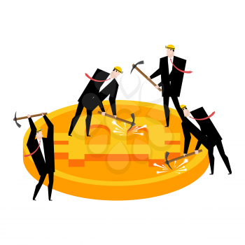 Mining bitcoin. Mining pool concept.  Minir Extraction Crypto currency businessman screams for virtual money. Vector illustration
