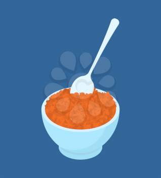 Bowl of red lentils porridge and spoon isolated. Healthy food for breakfast. Vector illustration
