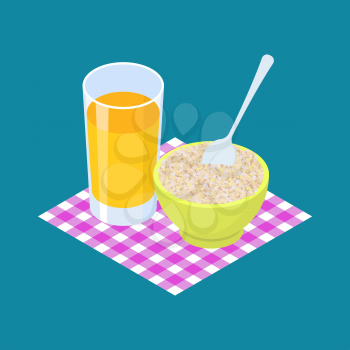 barley Porridge and fruit juice. Breakfast Healthy food. Vector illustration
