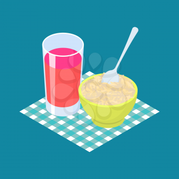 Parboiled rice Porridge and fruit juice. Breakfast Healthy food. Vector illustration
