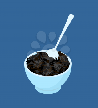 Bowl of black rice porridge and spoon isolated. Healthy food for breakfast. Vector illustration