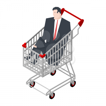 Businessman sitting in shopping cart. Boss is riding in supermarket trolley. Vector illustration
